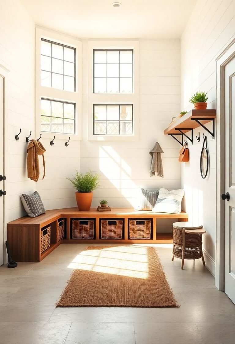 Modern farmhouse mudroom space-saving bench ideas