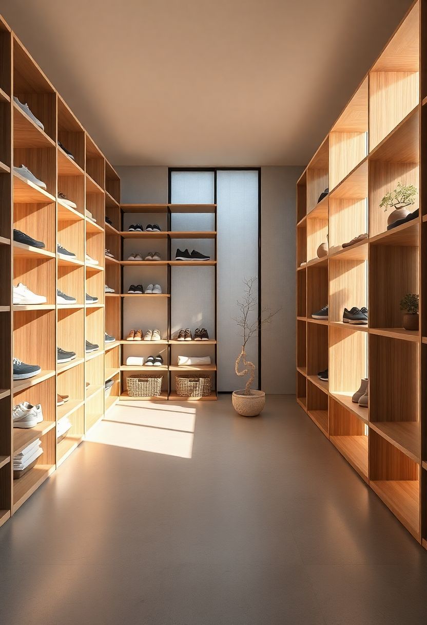 Walk-in closet Japandi shoe storage ideas